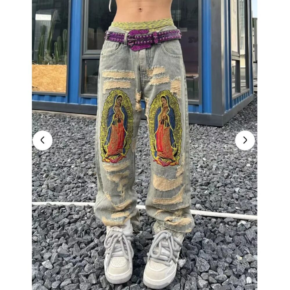 Supermade Retro Jeans Distressed Streetwear 29" x 29" y2K Lady Guadalupe